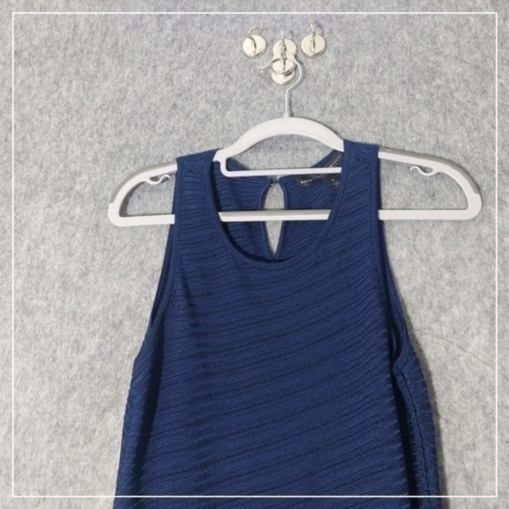 White House Black Market Top S Blue Asymmetric Mix Media Knit Chiffon Sleeveless